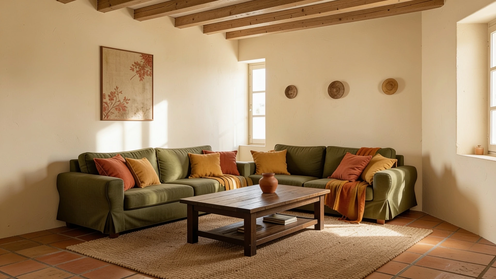 A cozy living room featuring a couch, a coffee table, and a decorative rug on the floor.