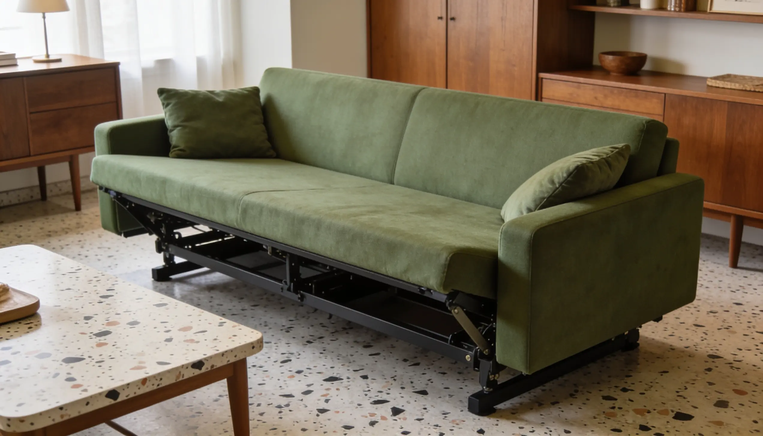An easy open deep green pull out sofa with attached seat cushions smoothly extended into a bed featuring a hidden mattress and modern design