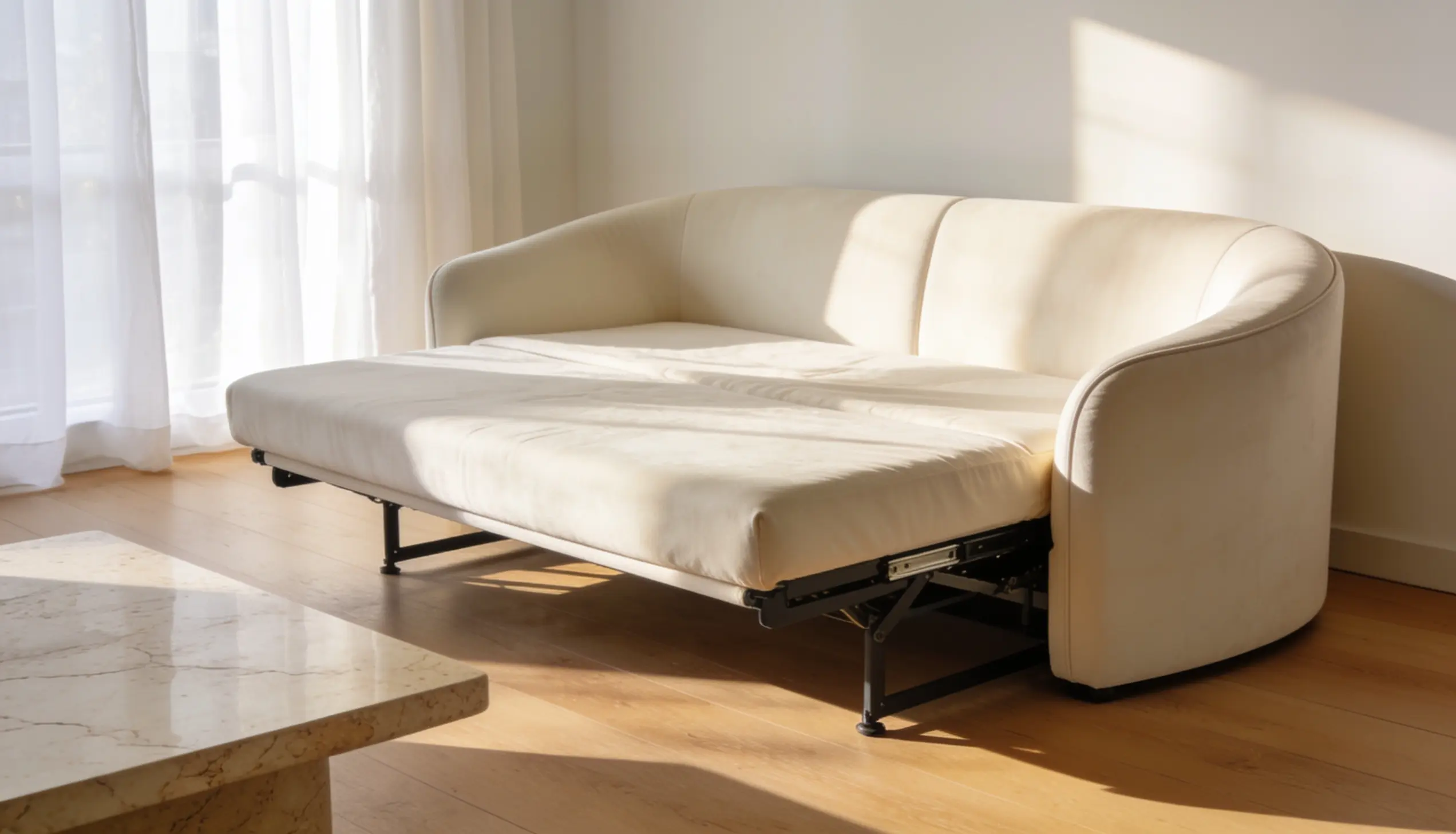 An easy open sleeper sofa with a smooth fold out mechanism extended into a bed featuring a supportive hidden mattress