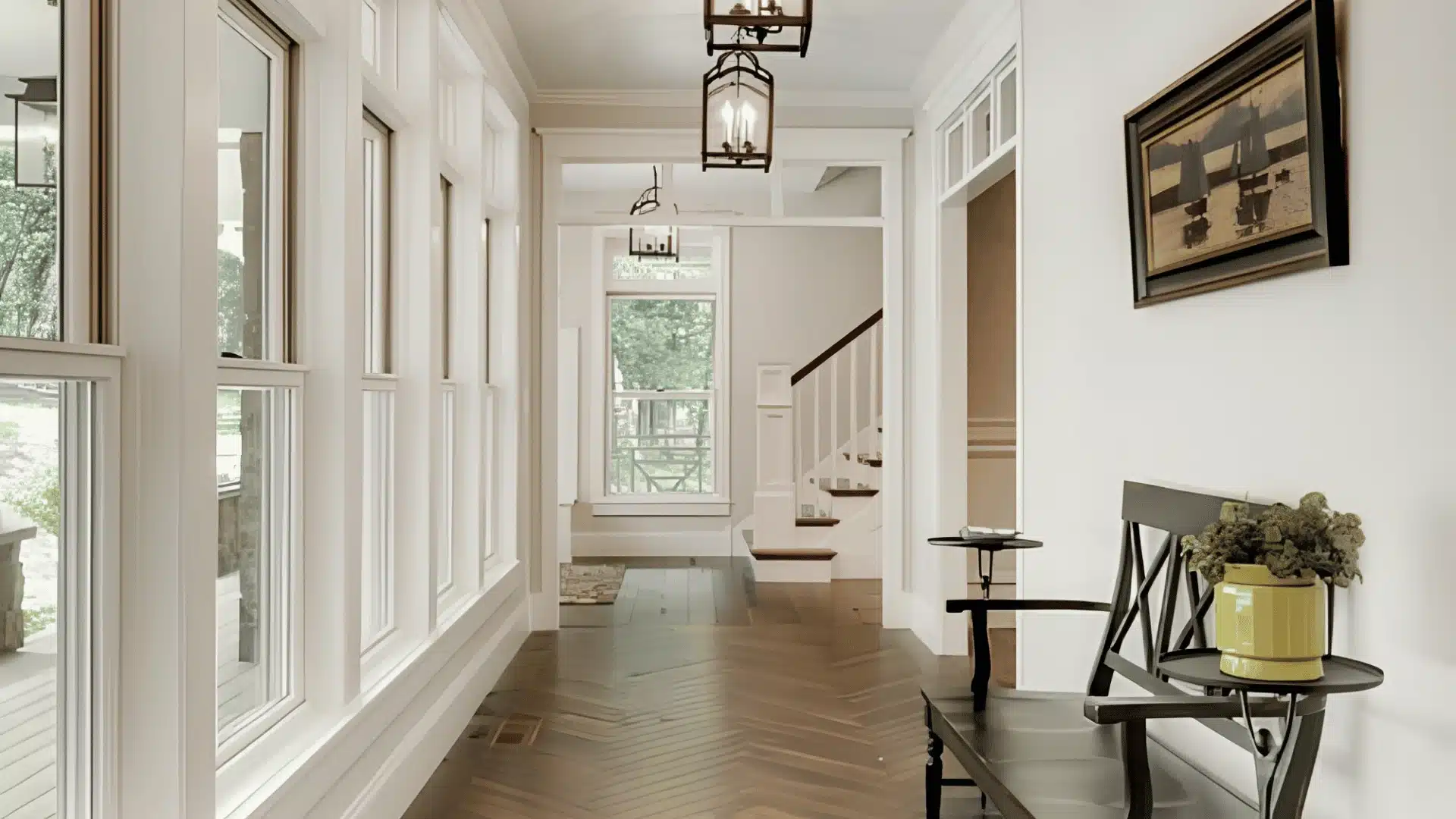 Bright hallway with pale greige walls, white trim, dark floors, and bench.