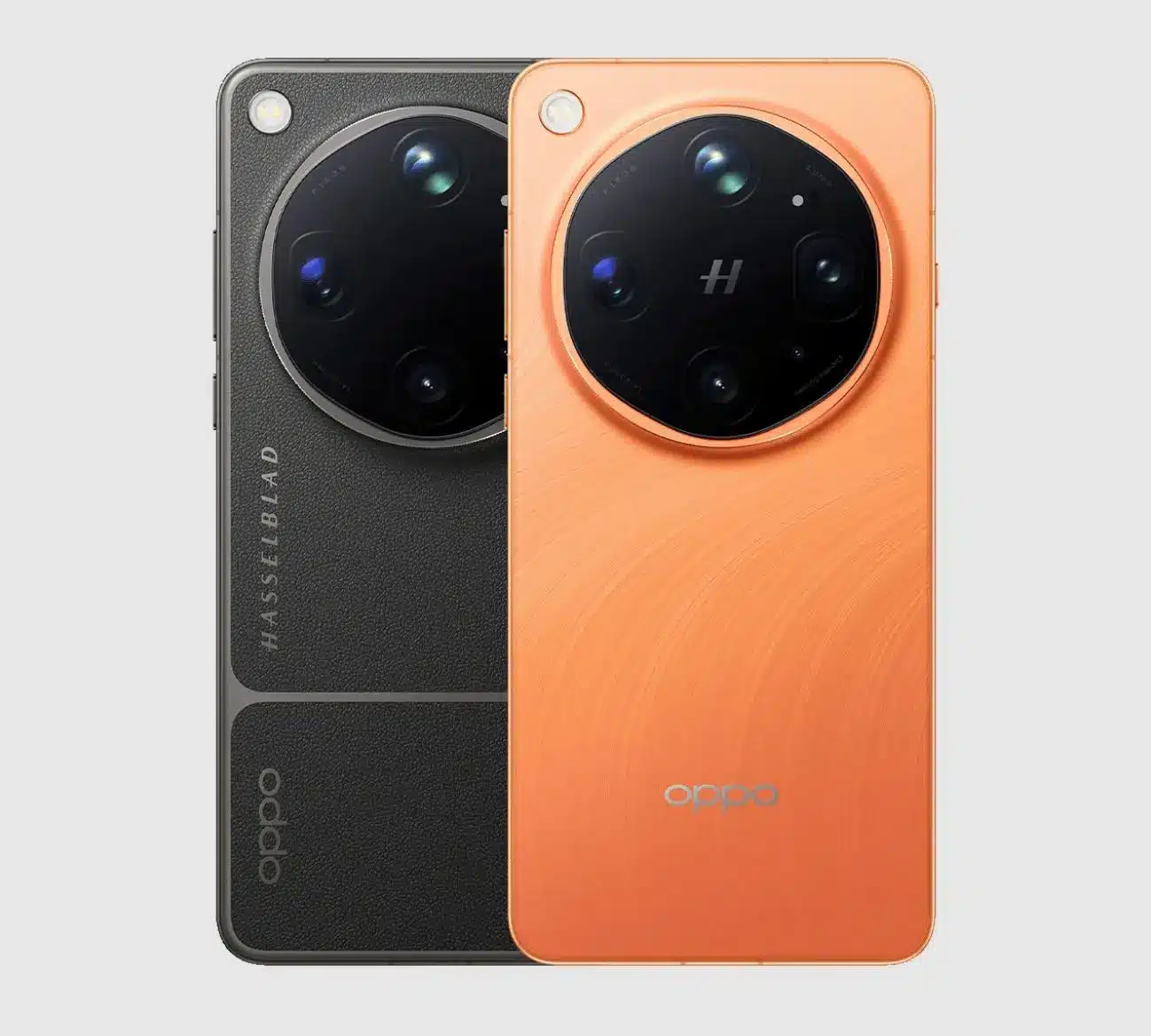Two smartphones in orange and black finishes with large circular camera modules