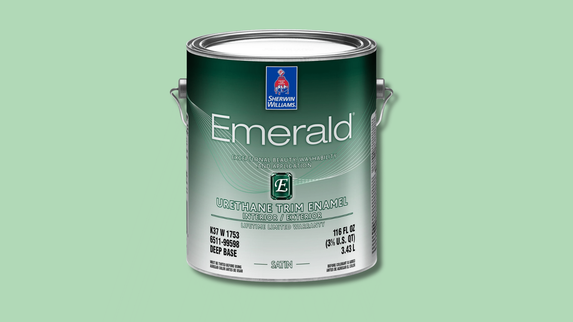 sherwin-williams emerald urethane trim enamel deep base satin paint can on a pale green background