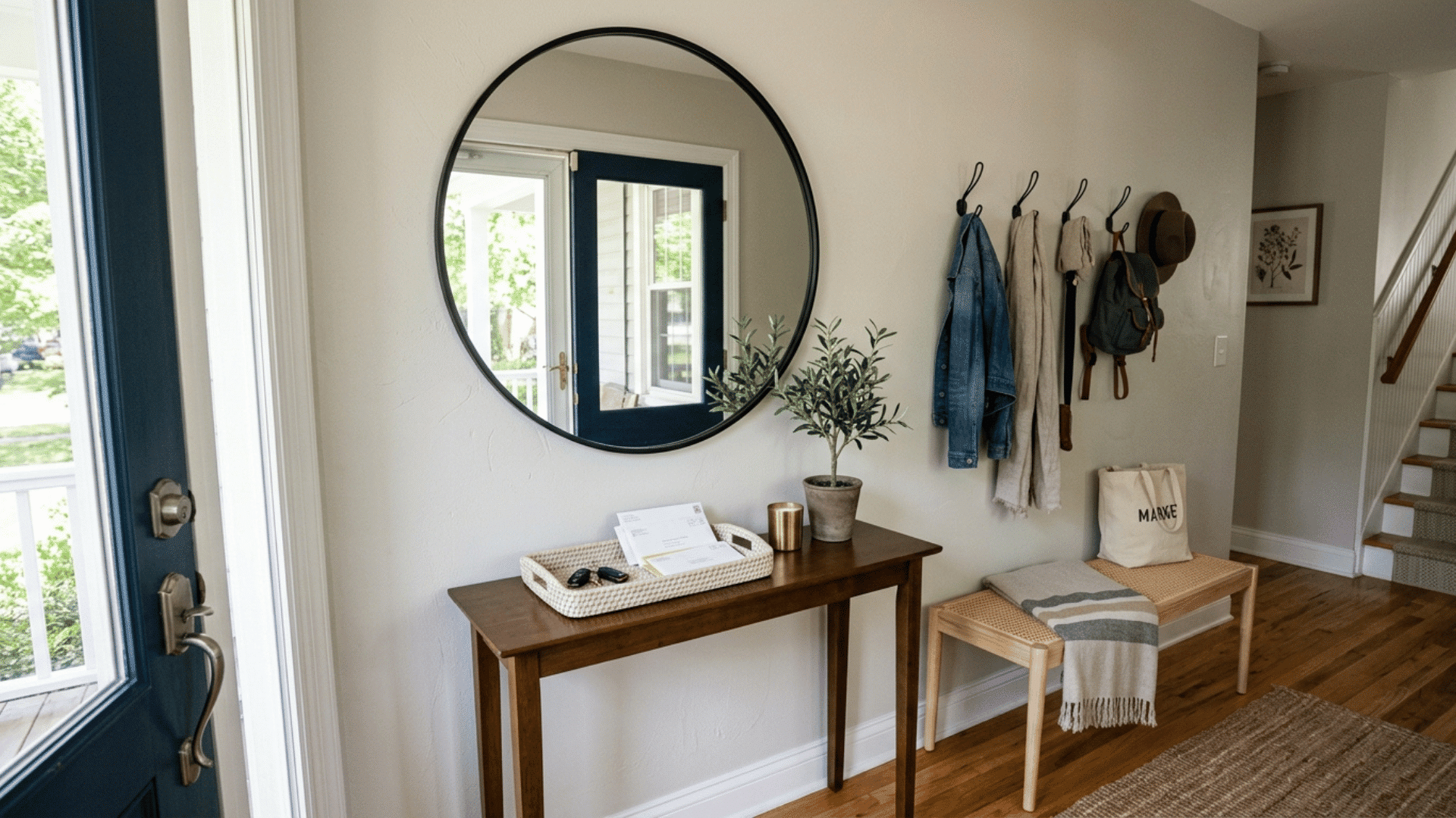 entryway with a console table, tray, and mirror across from the door
