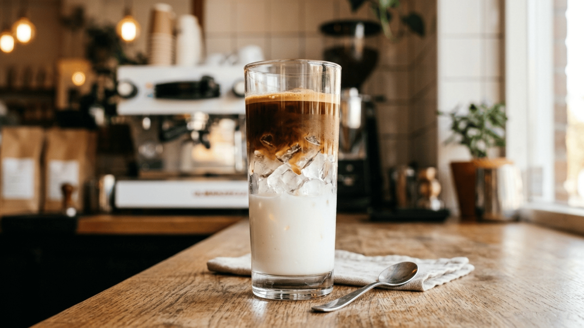 layered iced latte with espresso on top, machine blurred behind