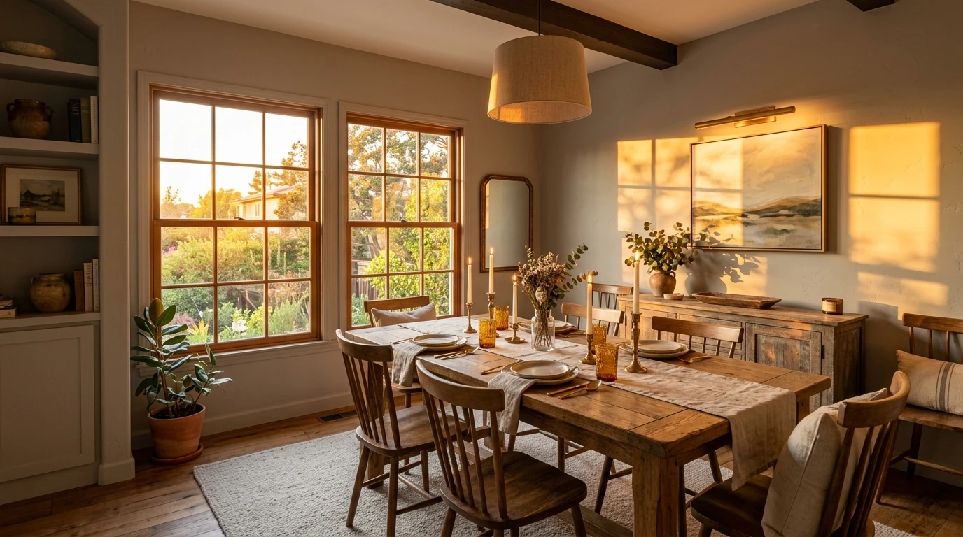 dining room features a wooden table set, warm sunlight streaming through large windows, and shadows across the wall