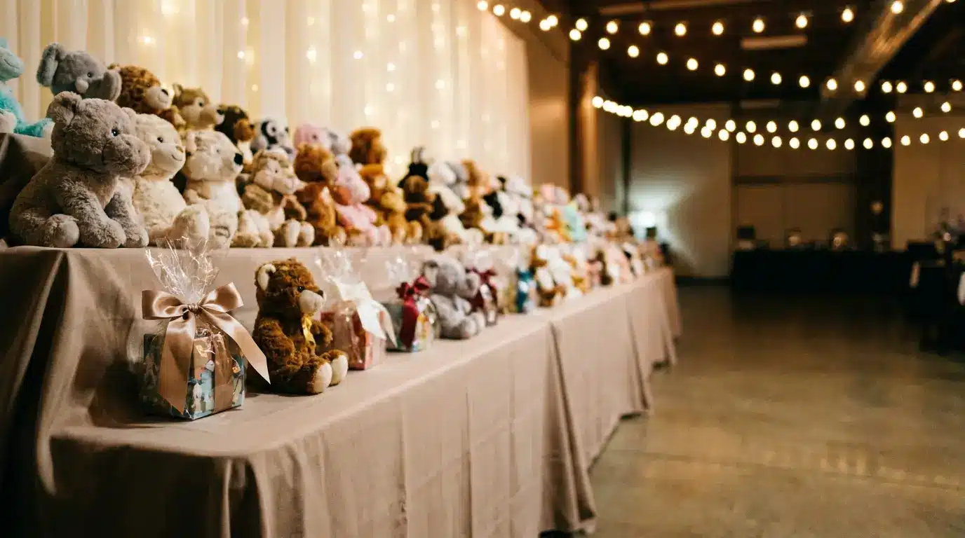 Rows of stuffed animals on draped tables with string lights in a warmly lit event space