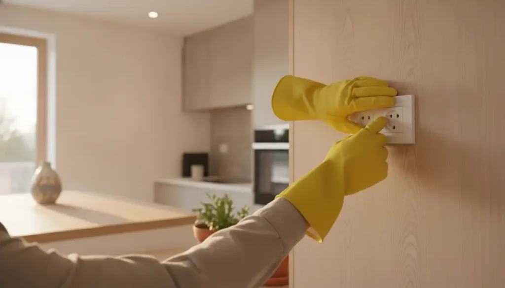 Yellow-gloved hands cleaning an electrical outlet in a modern kitchen with natural light