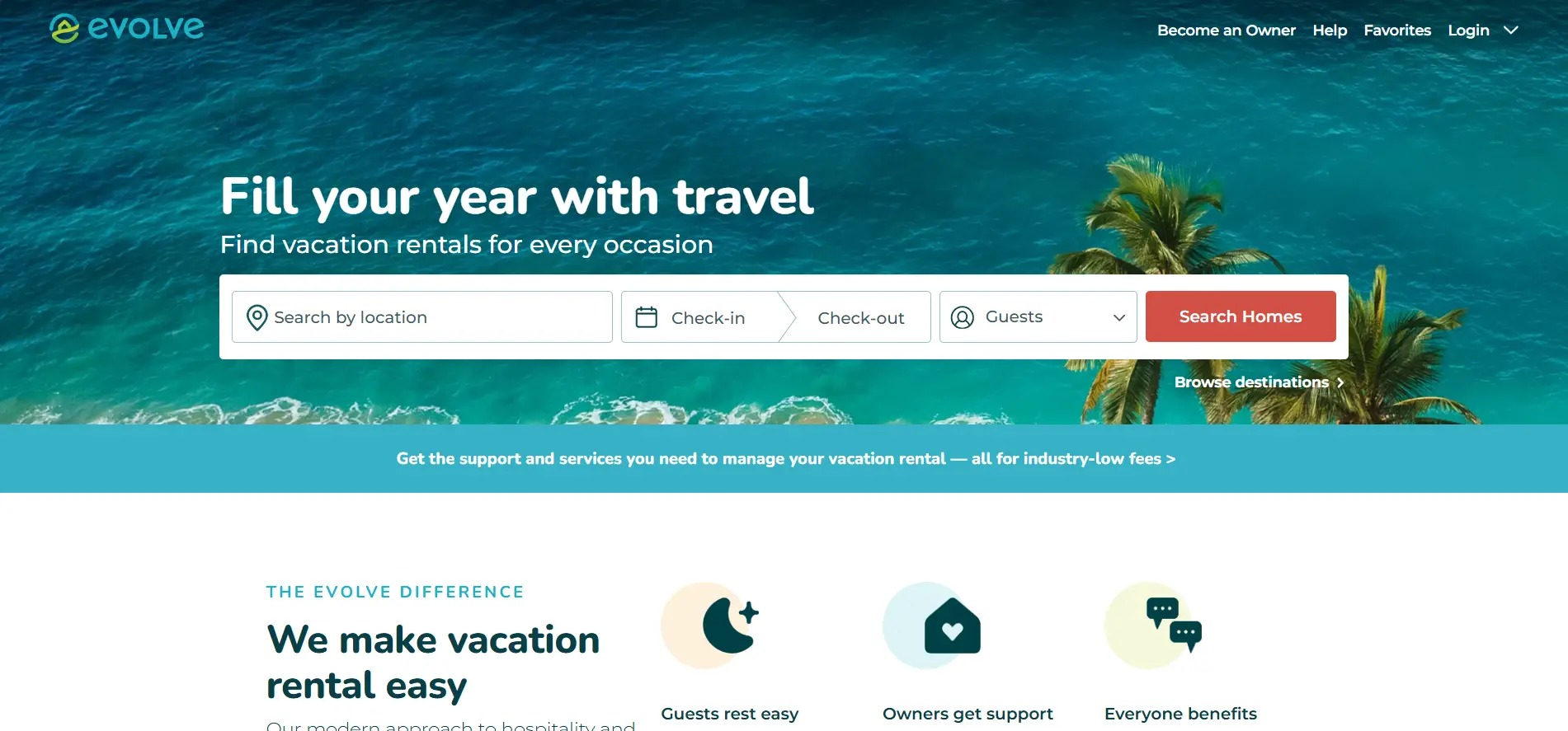 Ocean view with palm trees and vacation rental search form overlay
