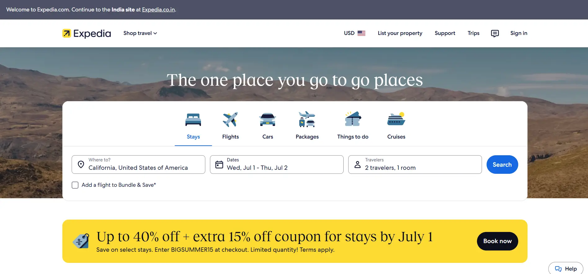 Travel booking website interface with search options and discount offer banner over desert landscape background