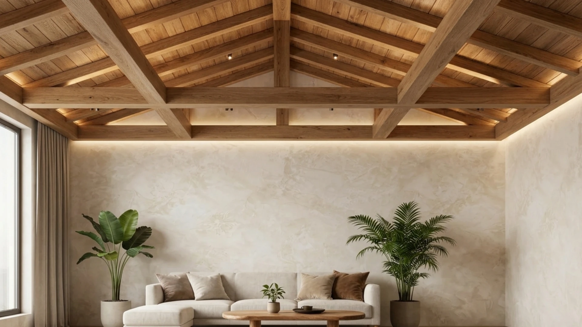 A modern living room with a vaulted wooden beamed ceiling, white sectional sofa, and two large potted plants.