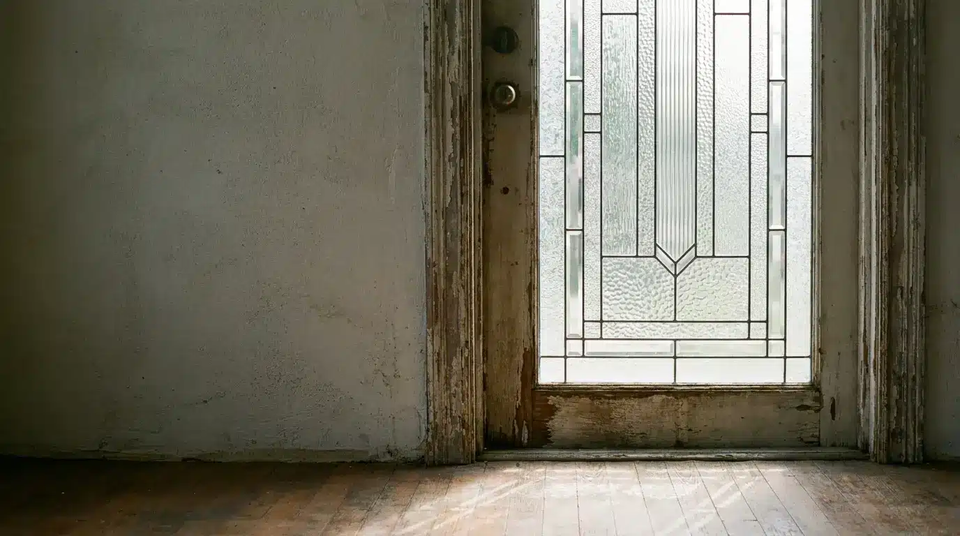 Rustic wooden door with textured glass panels in dimly lit room