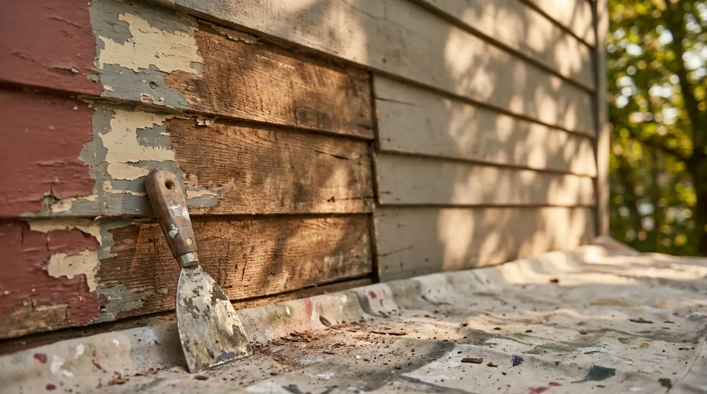 Paint scraper leaning against peeling wooden siding with afternoon shadows in outdoor setting