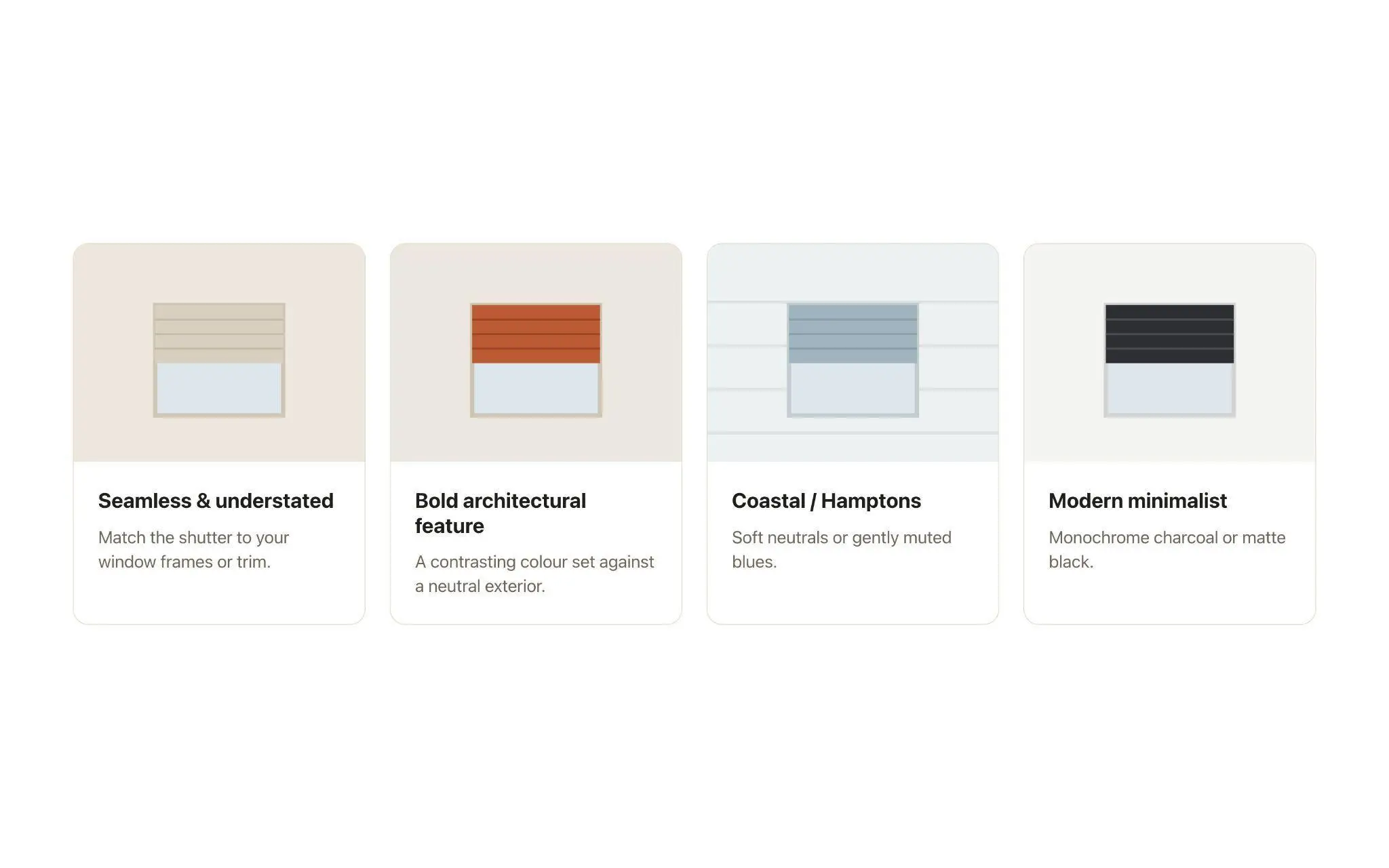 Four shutter design styles displayed with different colors and descriptive labels
