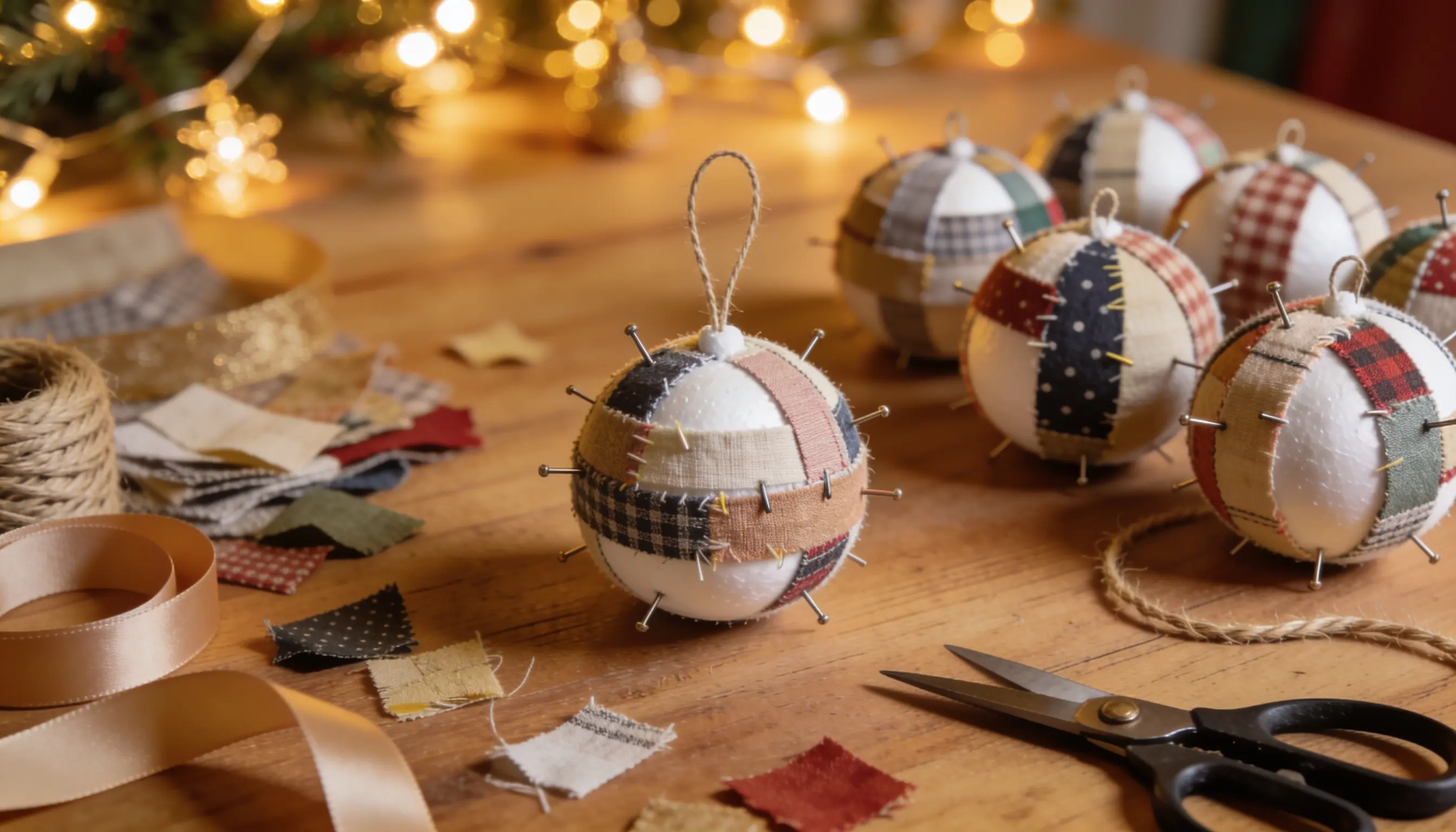 Handmade patchwork Christmas ornaments are being created on a wooden table with craft supplies.