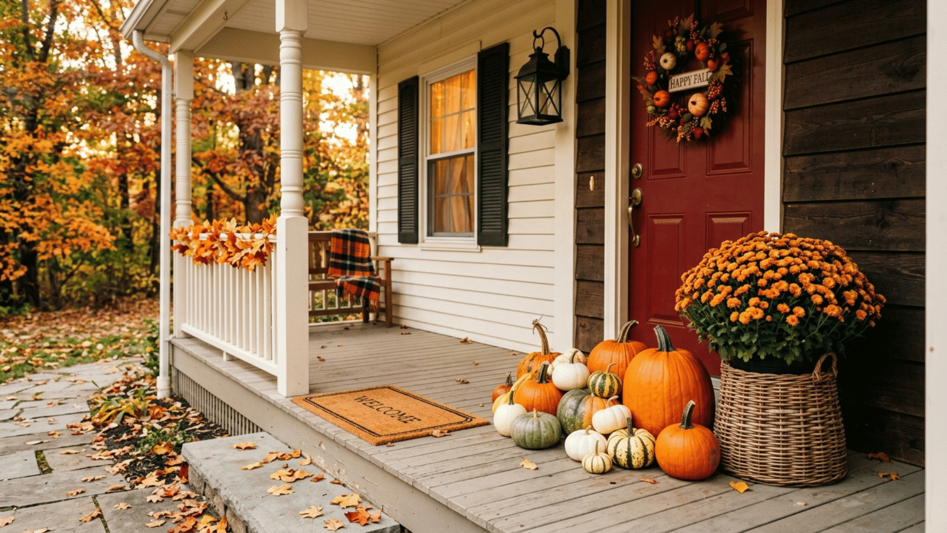 fall pumpkins and mums in warm autumn light