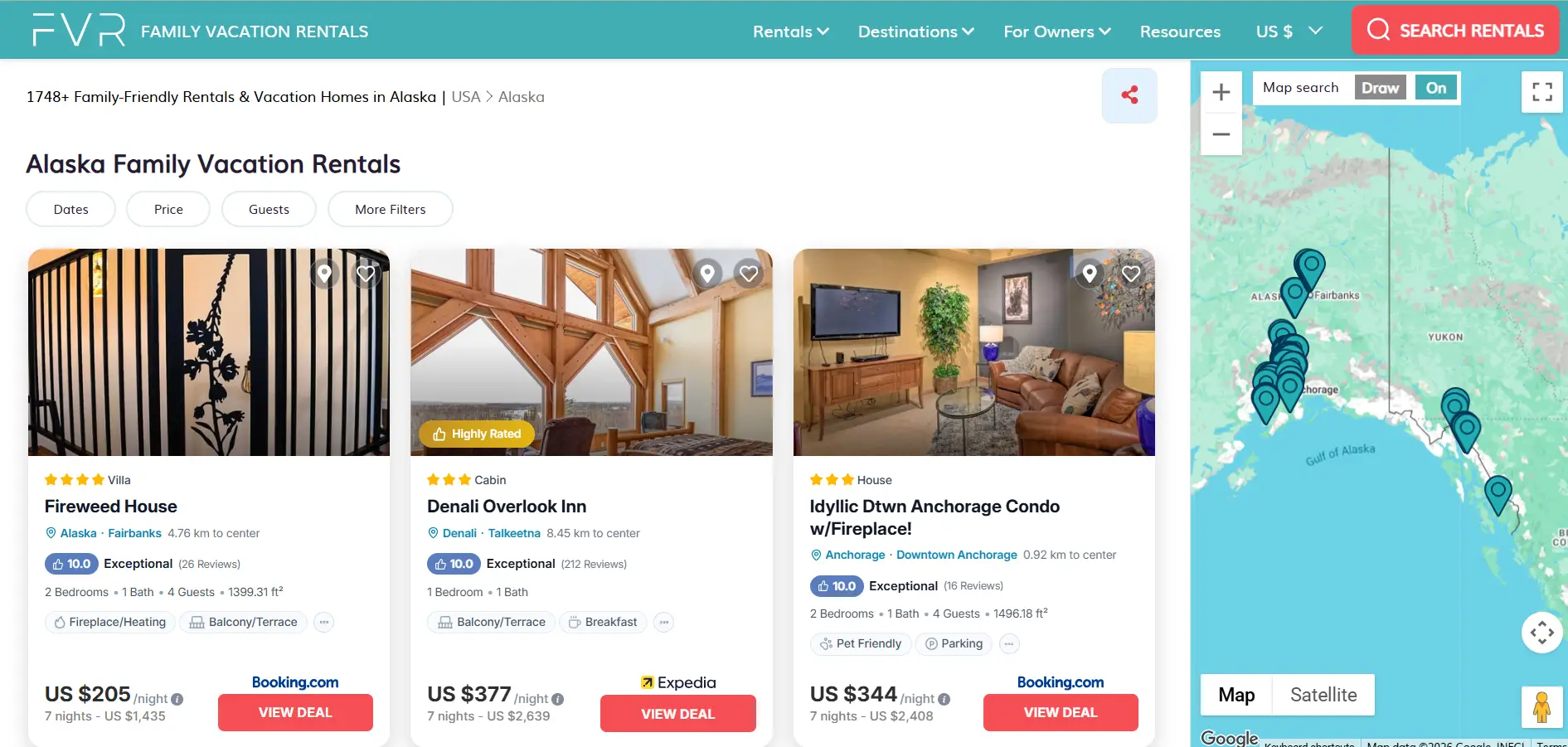 Vacation rentals in Alaska with property images and a map displaying rental locations