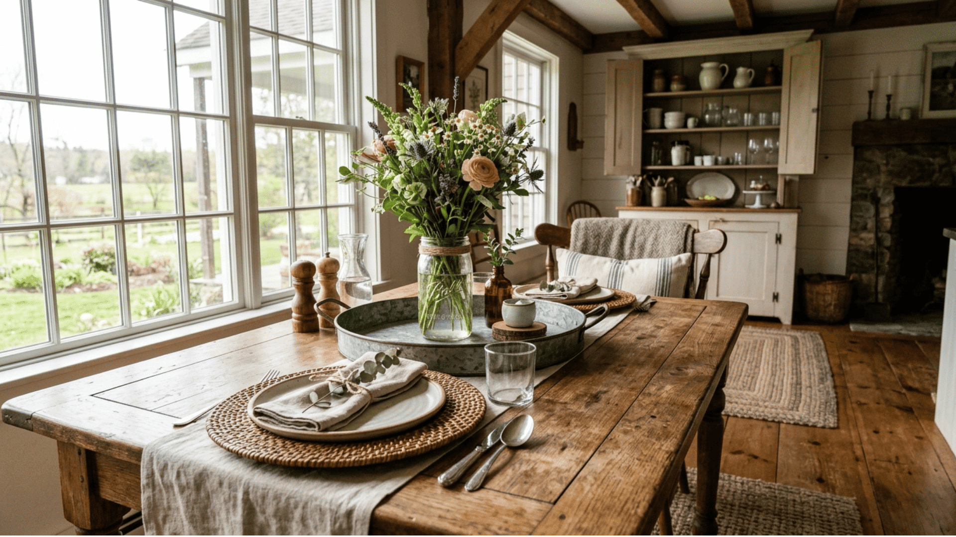 farmhouse-style dining table decor with dough bowl and wood accents