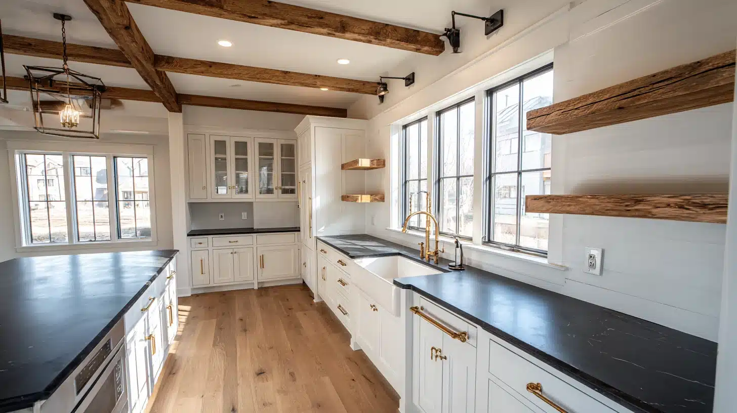 Farmhouse-style kitchen with white cabinets, black countertops, exposed wood ceiling beams, floating wood shelves, and a farmhouse sink beneath large sunlit windows.