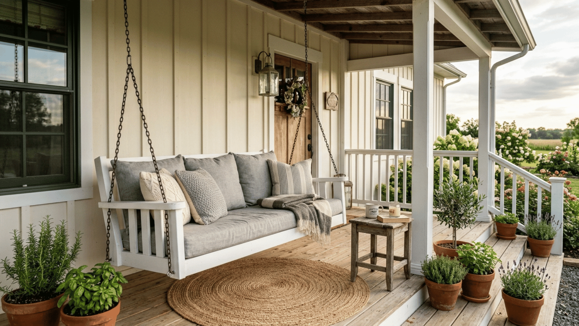 a farmhouse swing with cushions and a jute rug on wood flooring
