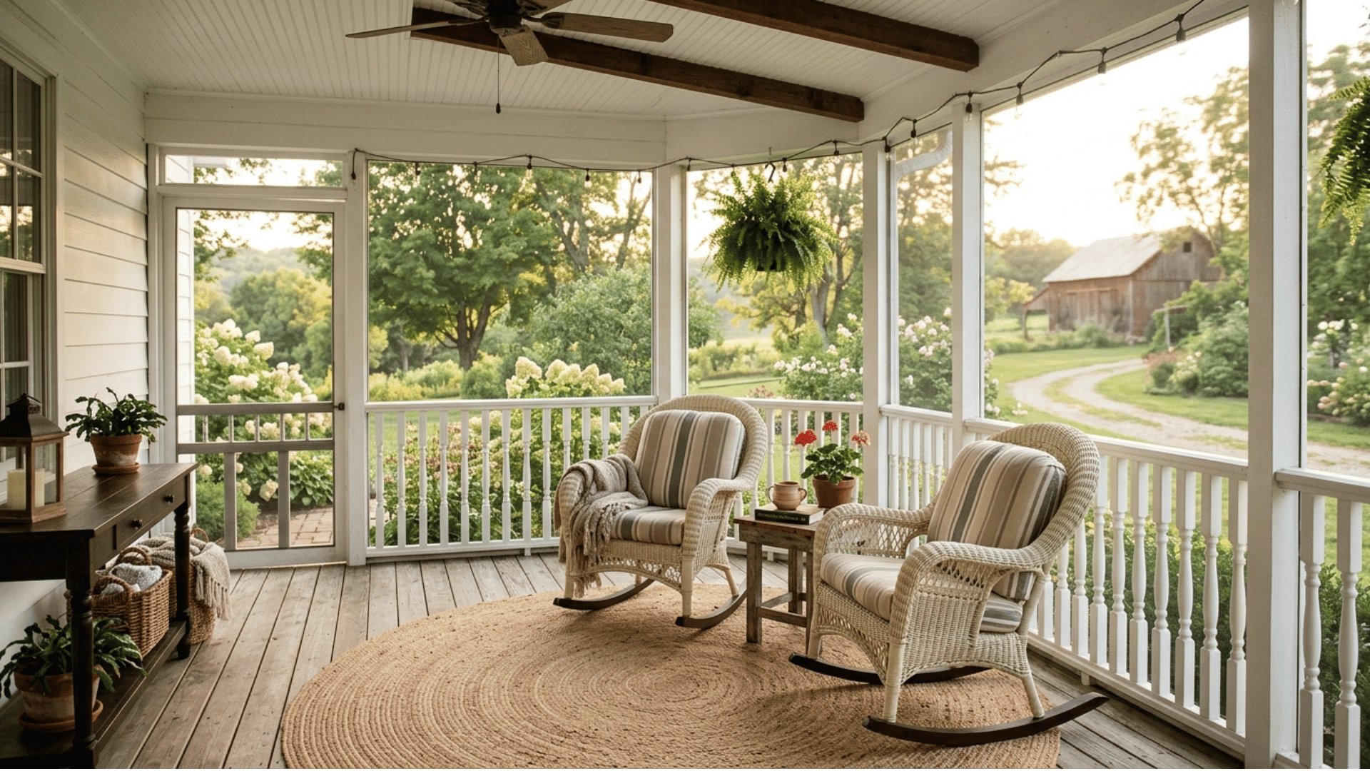 farmhouse screened porch with white beadboard ceiling and rocking chairs