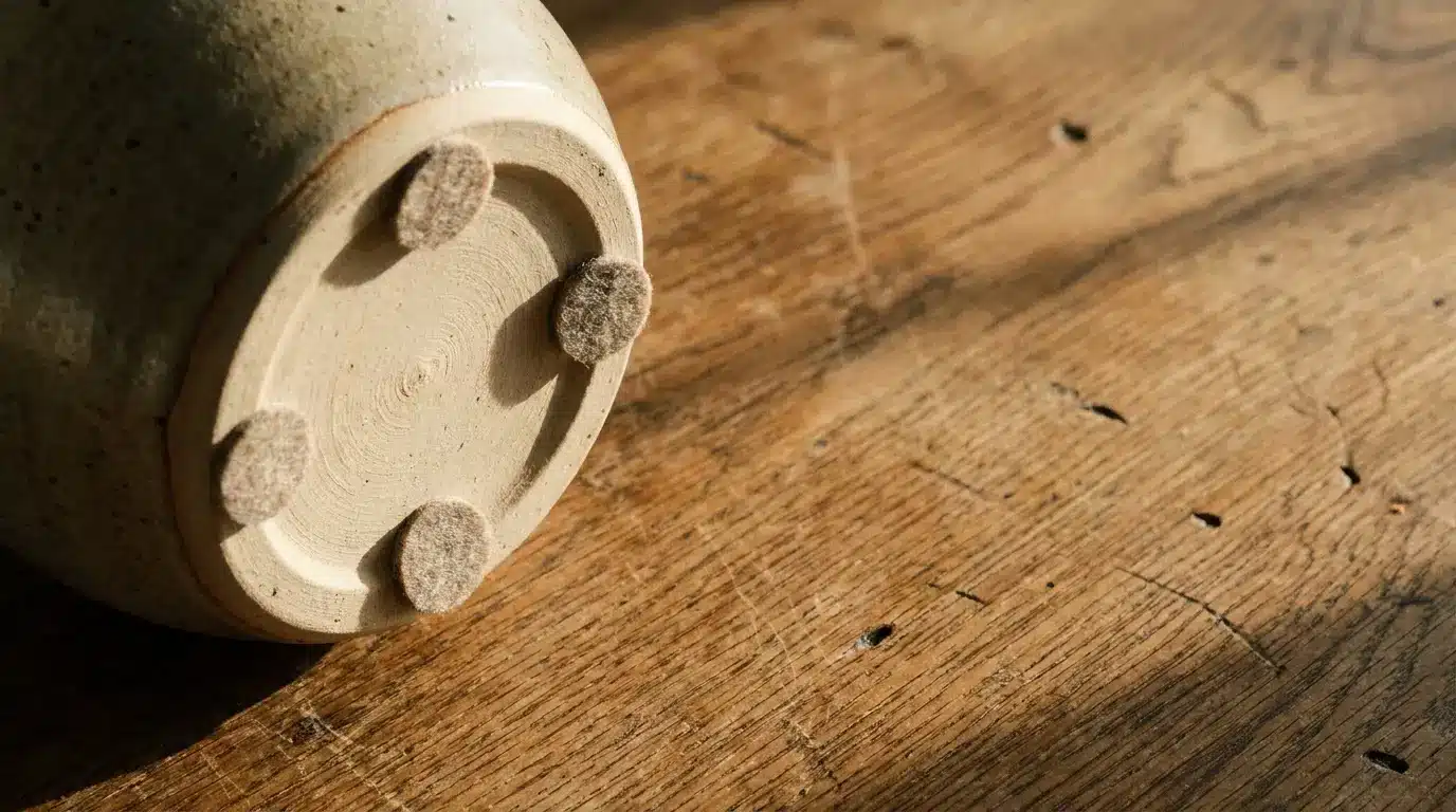 Ceramic pot base with felt pads resting on wooden surface in warm sunlight