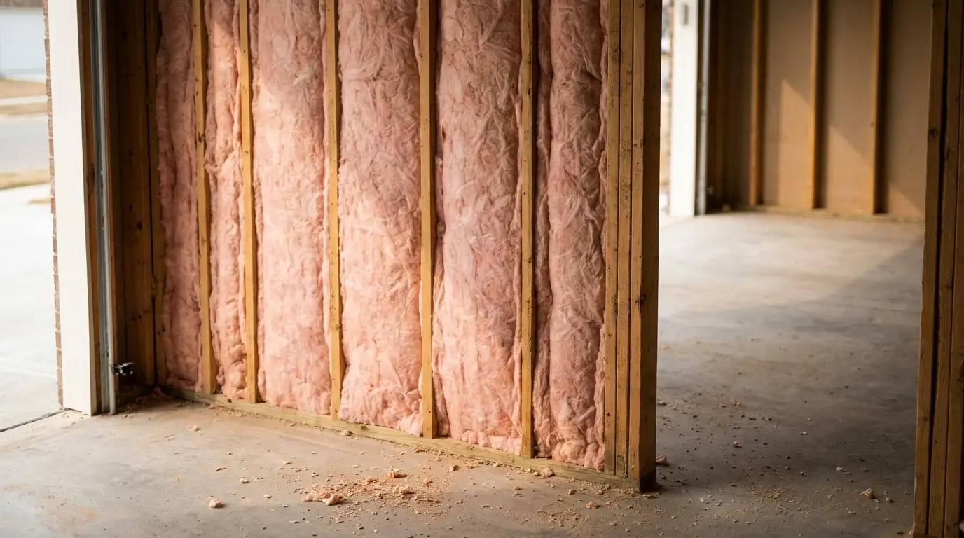 Unfinished wall with exposed pink insulation in a partially constructed room