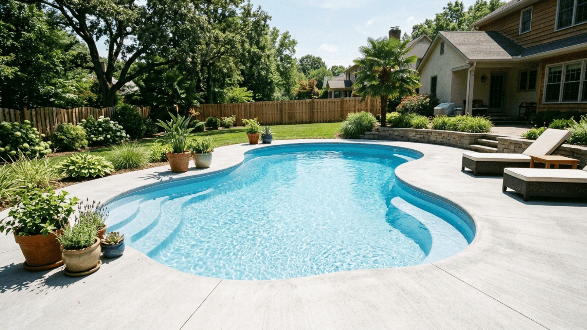 fiberglass shell pool freshly installed in a backyard