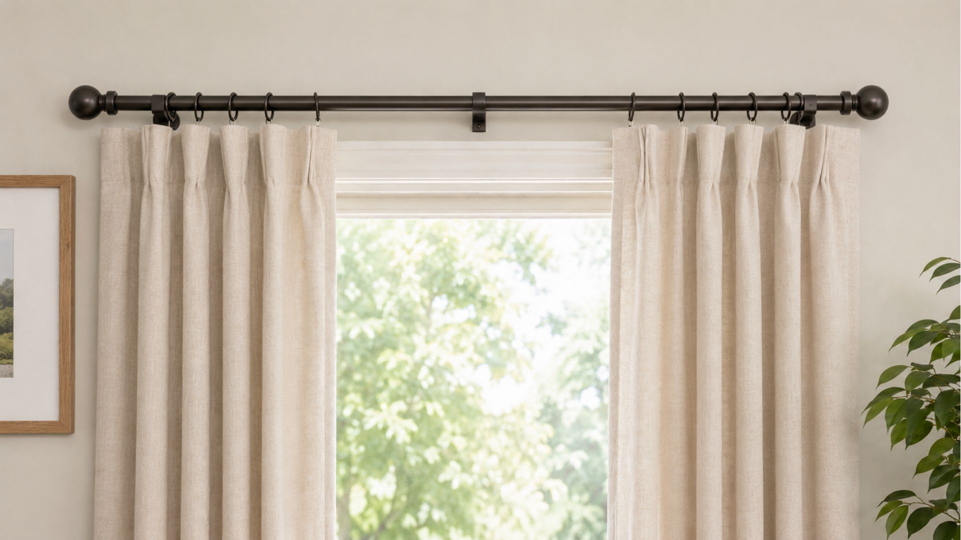 dark curtain rod mounted securely above a window with beige panels hanging evenly on both sides