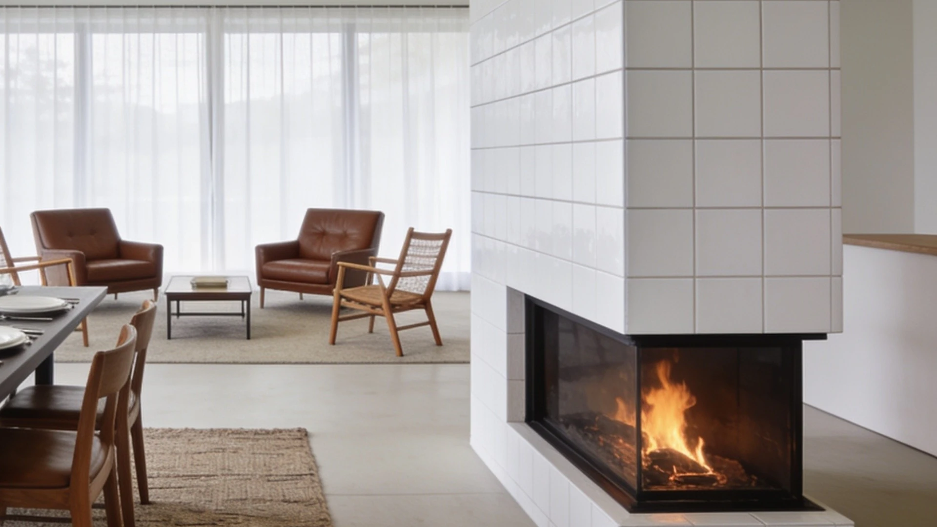 Dolomite tiled fireplace surround with a lit fire in a modern living room