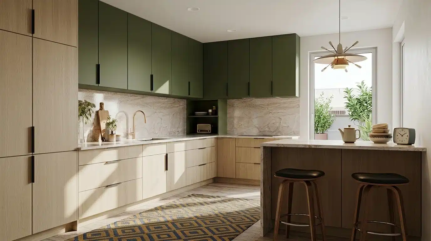 A kitchen featuring green and white flat-panel cabinet doors, creating a modern and inviting atmosphere.