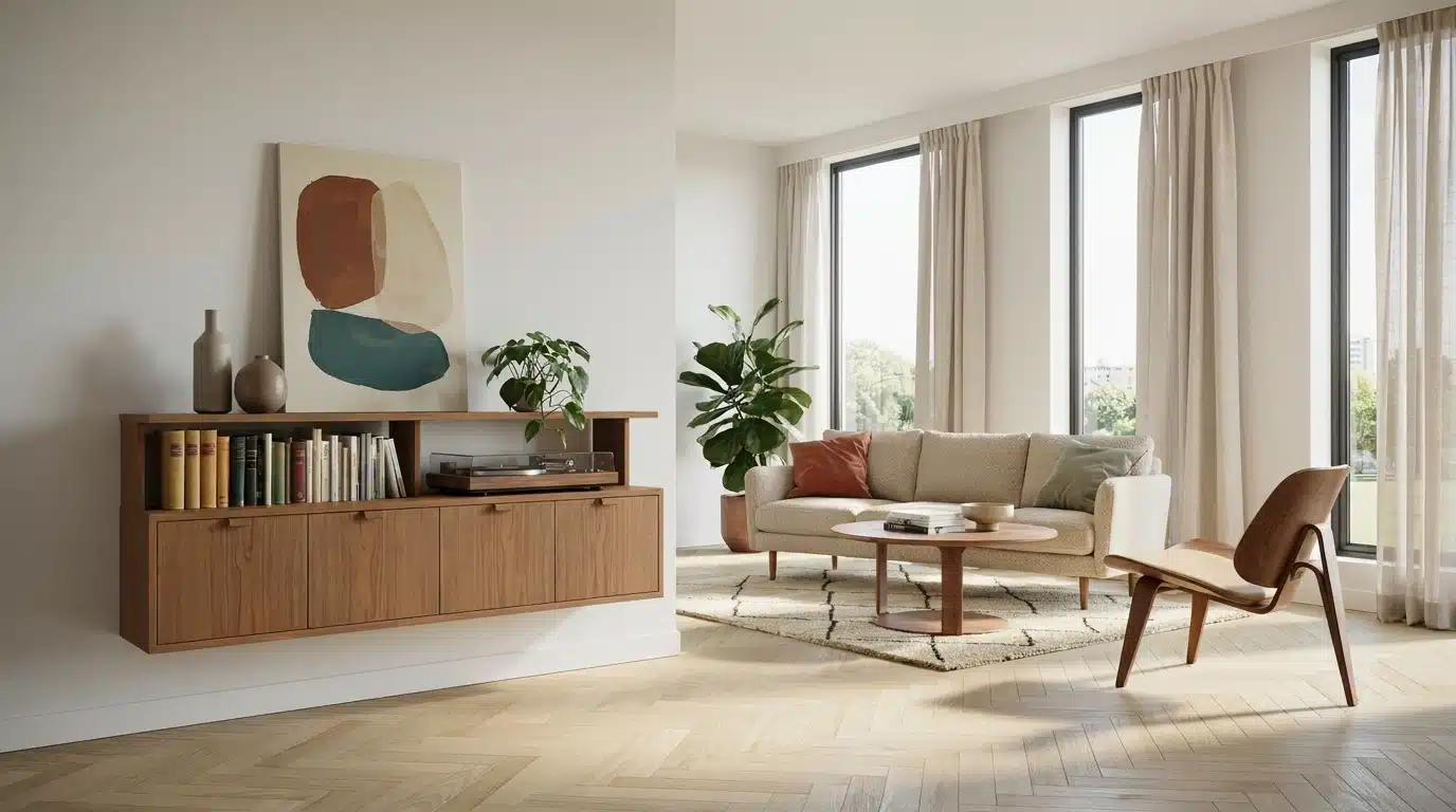 A well-furnished living room showcasing a comfortable couch, a stylish chair, and a floating media unit.