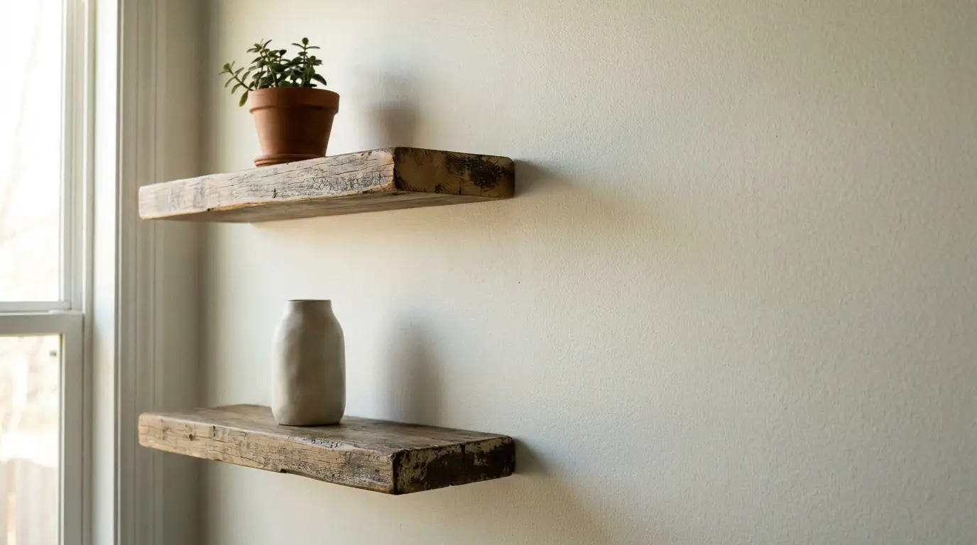 Rustic wooden shelves with potted plant and ceramic vase against a light-colored wall