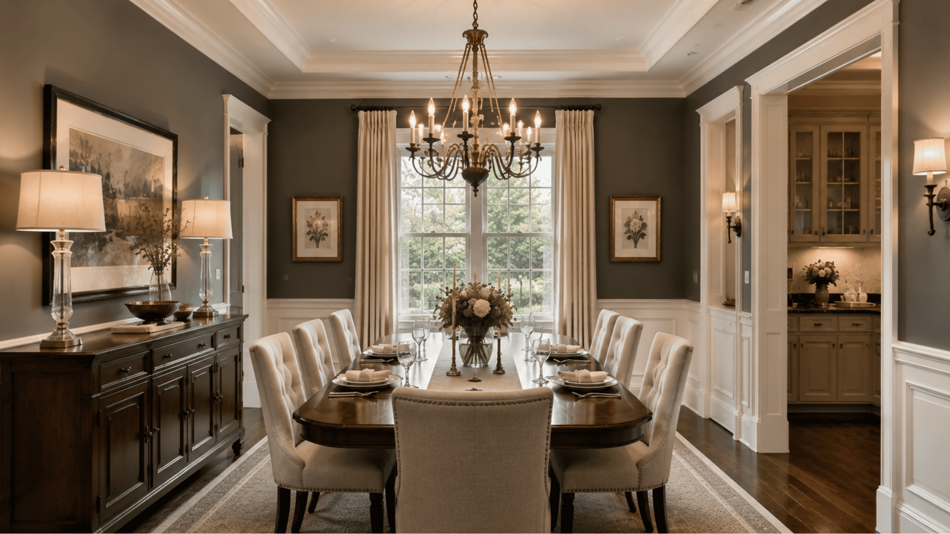 classic american formal dining room with dark walls, white trim, chandelier, and elegant wooden table setup