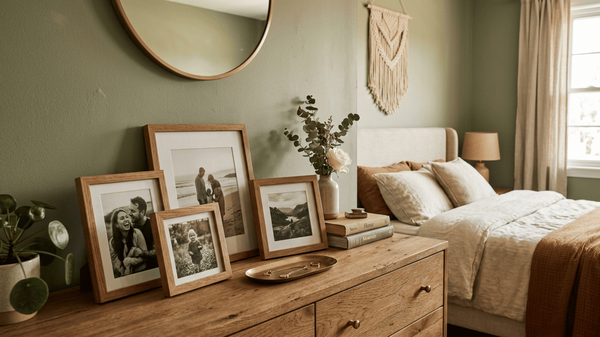 framed family photos displayed on a wooden dresser in a warm cozy green toned bedroom