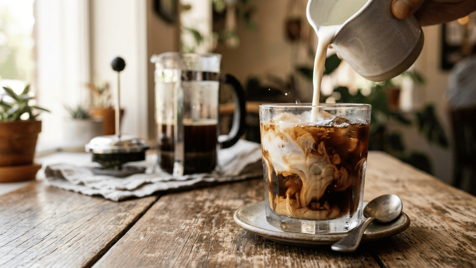 cream swirling into iced coffee, french press blurred behind glass