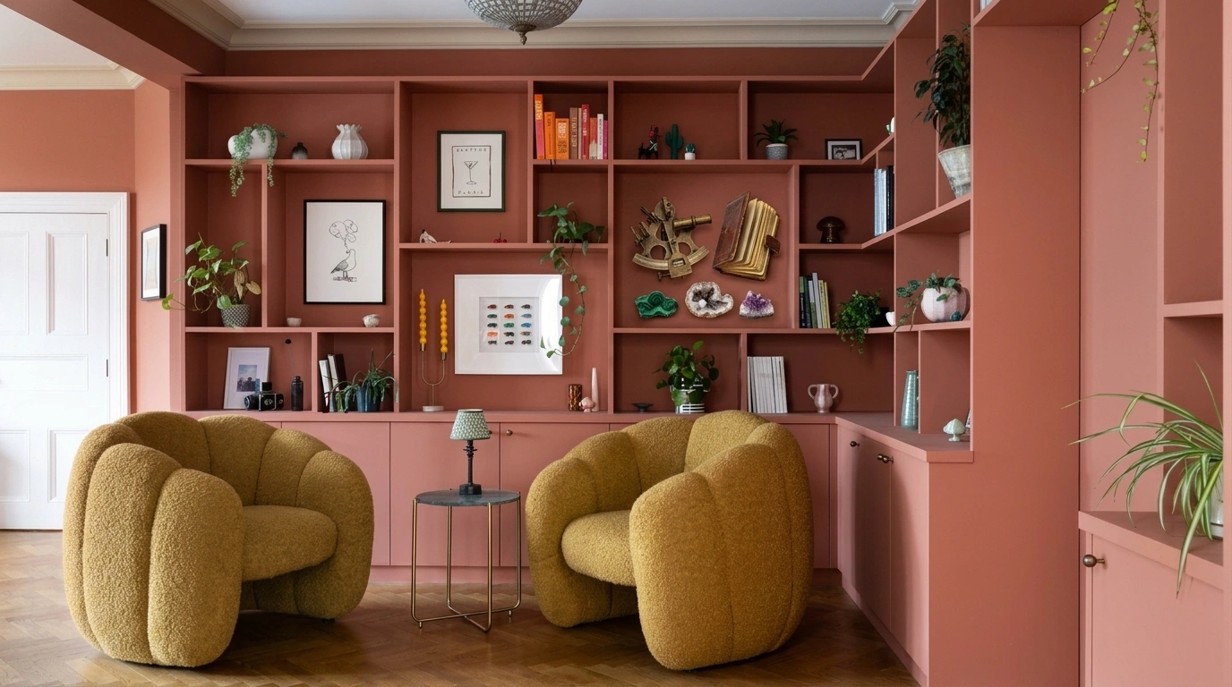 A living room featuring pink walls and yellow chairs, creating a vibrant and inviting atmosphere.