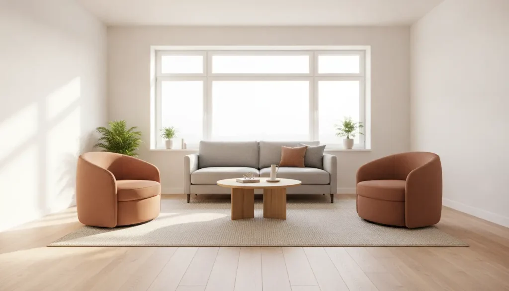 Modern living room with gray sofa, round chairs, wooden coffee table, and large window