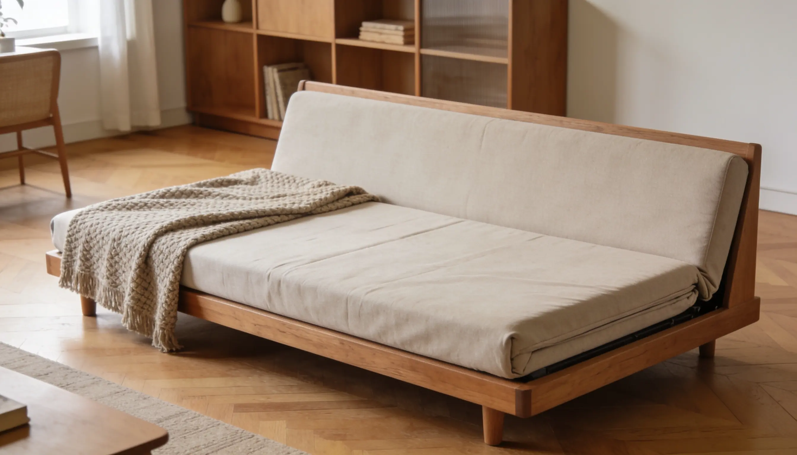 A modern futon sofa with a sleek low profile frame that can be converted into a flat sleeping surface in a contemporary living room