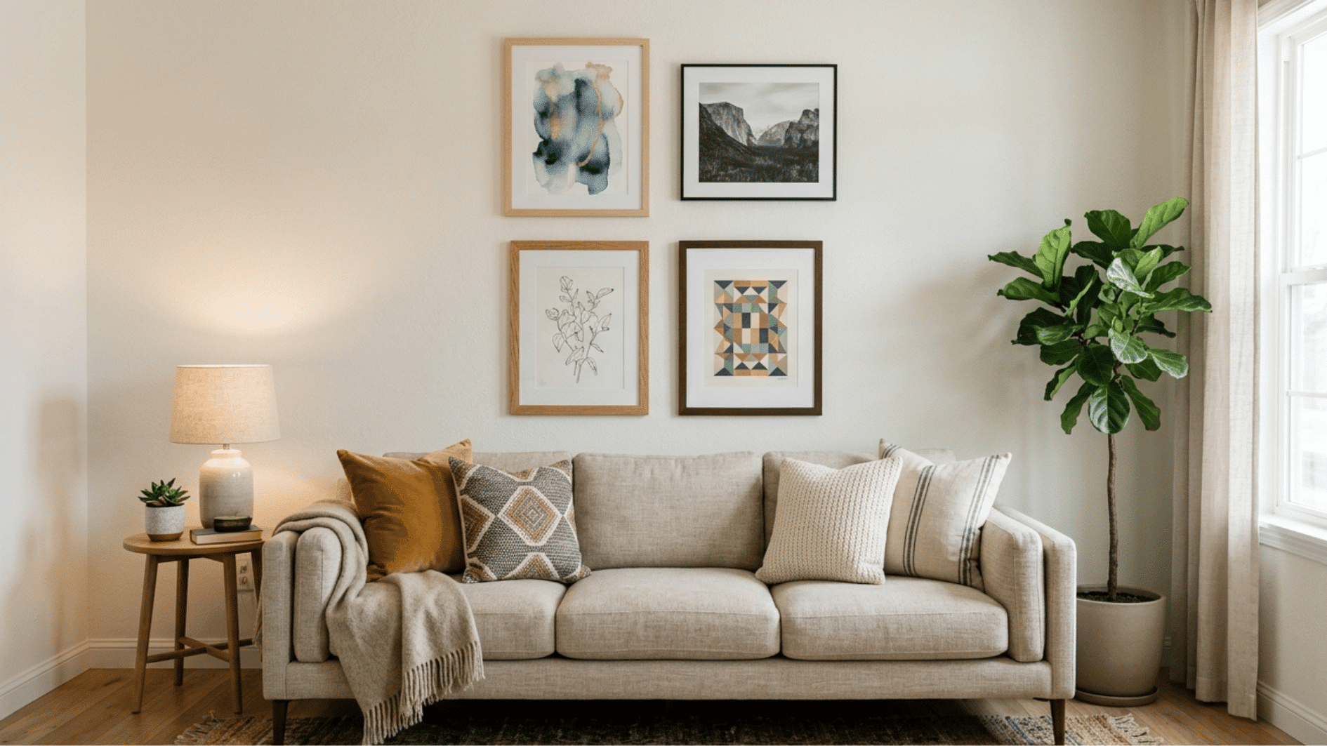 cozy living room with framed artwork above a sofa, side table, plant, and natural decor creating a balanced wall display