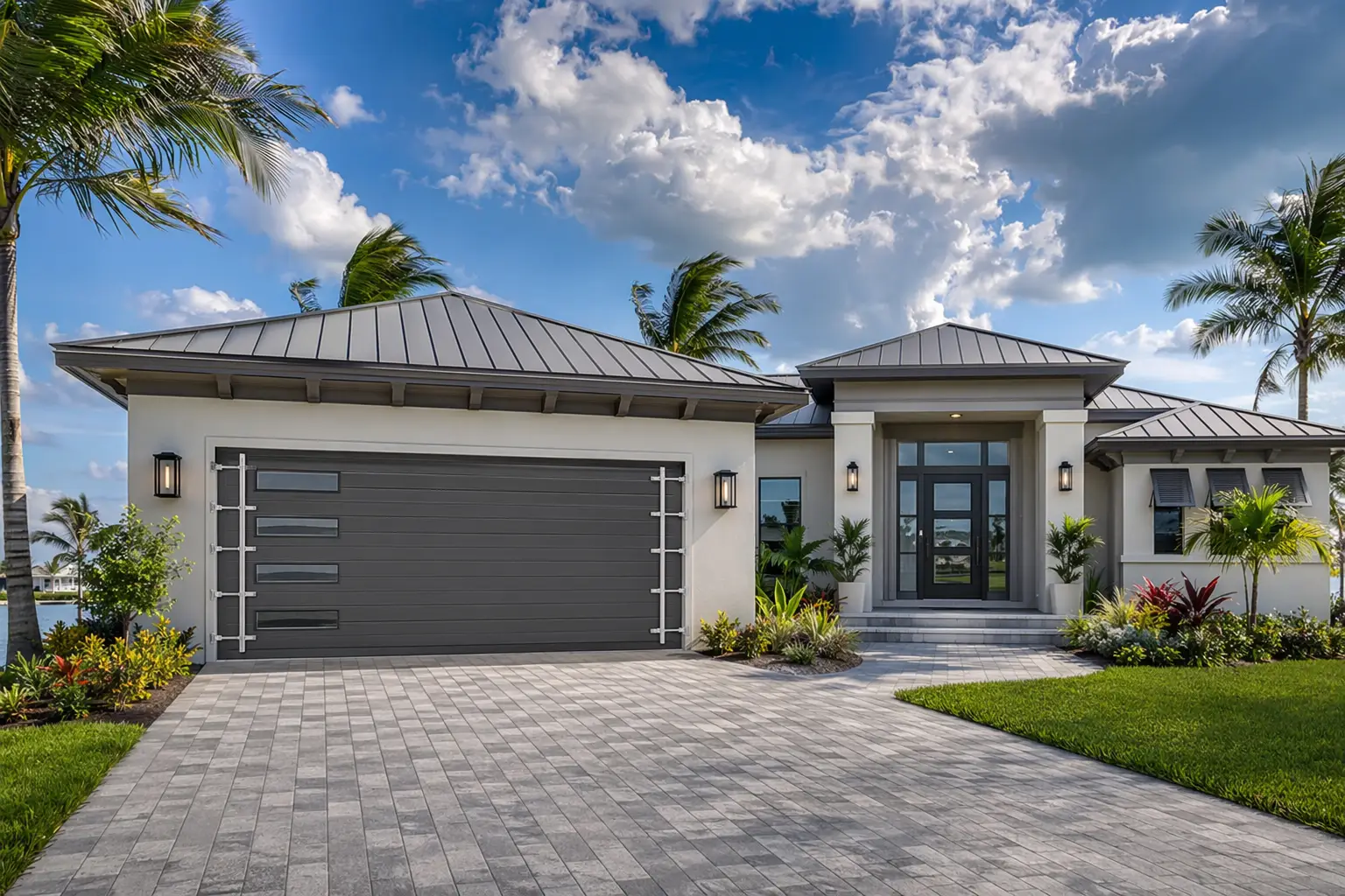 Modern house with gray garage doors, palm trees, and a paved driveway under a blue sky