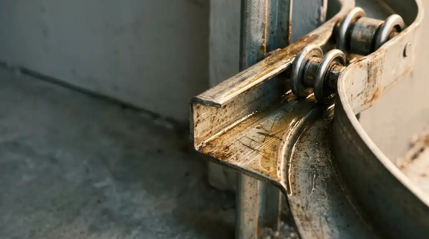 Close-up of rusty metal door hinge with roller mechanism in a dimly lit industrial setting