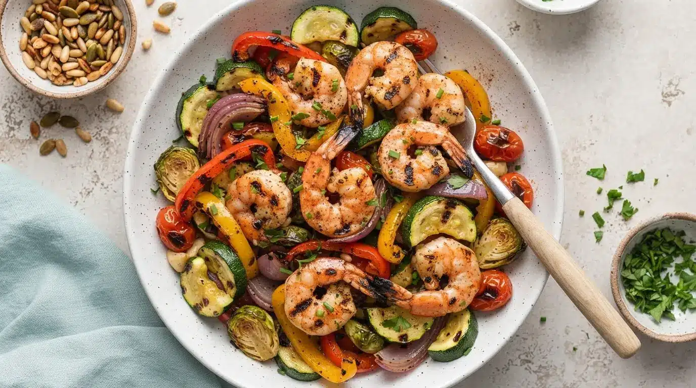 Grilled shrimp and colorful roasted vegetables including zucchini, bell peppers, cherry tomatoes, and red onion served in a white bowl.