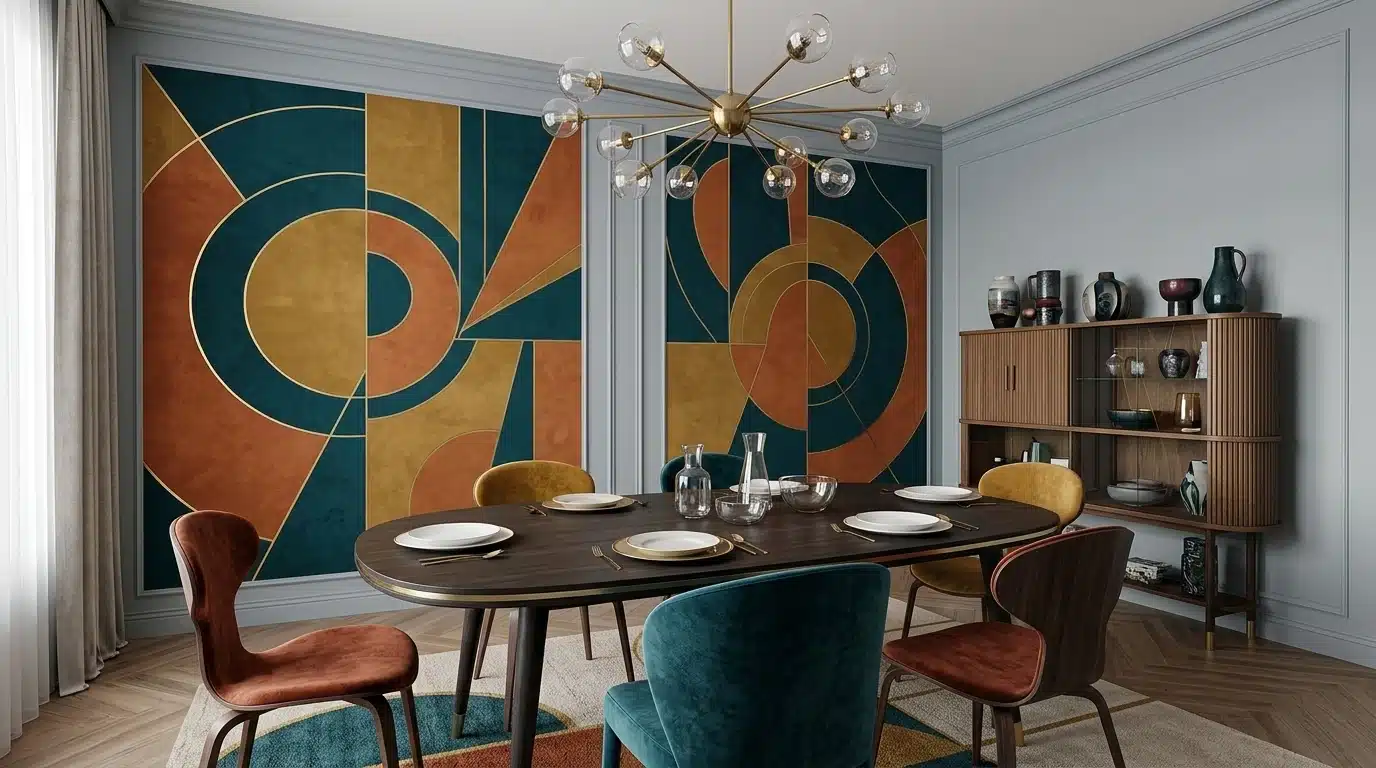 A dining room featuring vibrant geometric wallpaper, enhancing the space with bold colors and artistic design.
