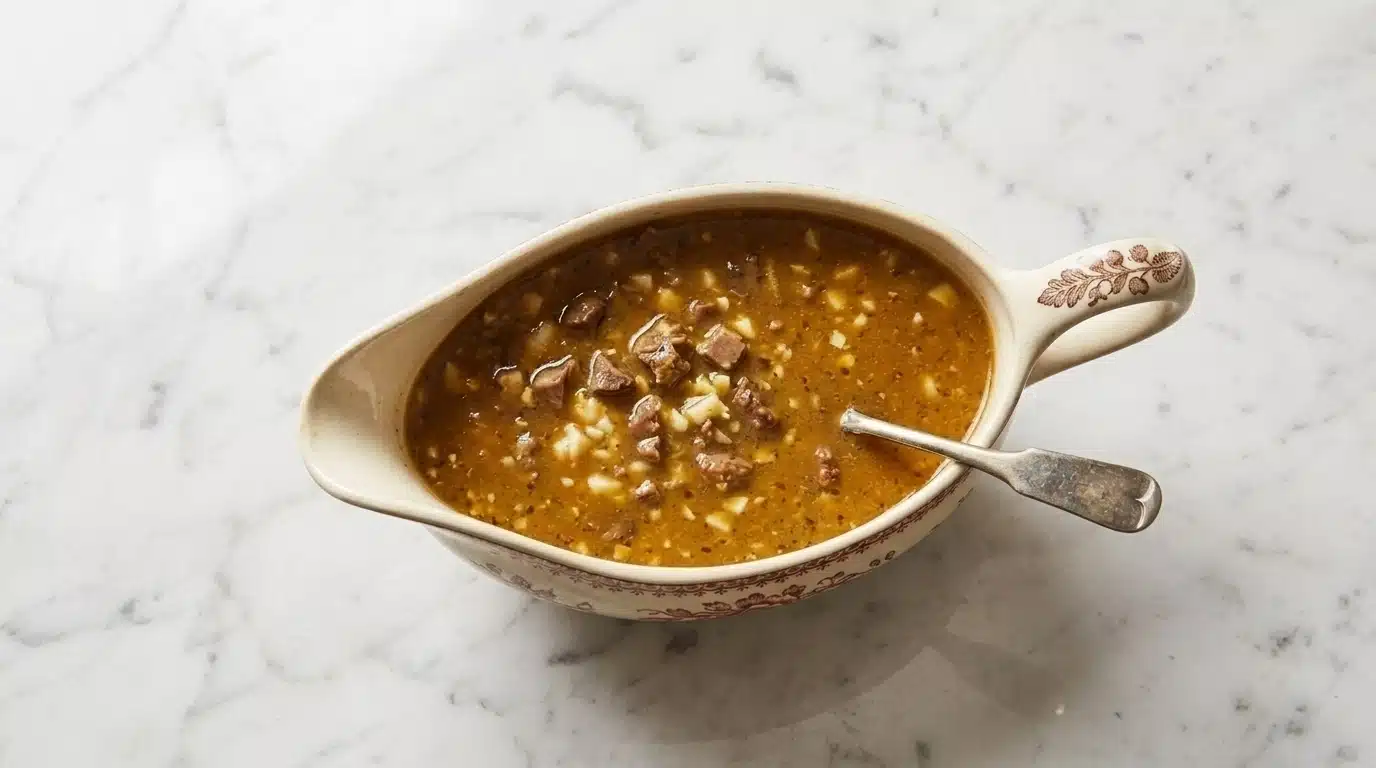 A bowl of soup with a spoon rests on a polished marble counter, showcasing a warm and inviting meal.