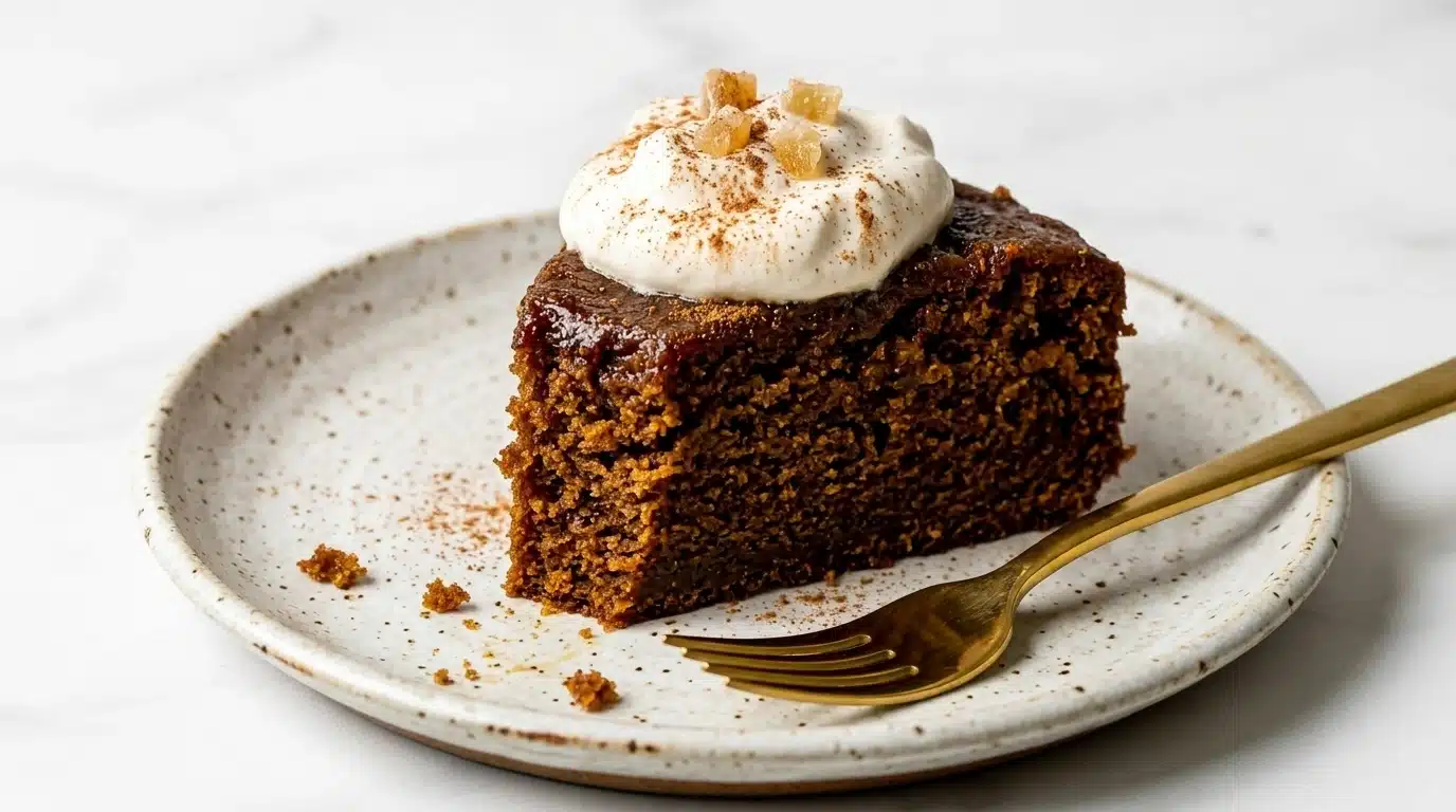 A slice of gingerbread cake topped with whipped cream and a sprinkle of cinnamon on a white plate.