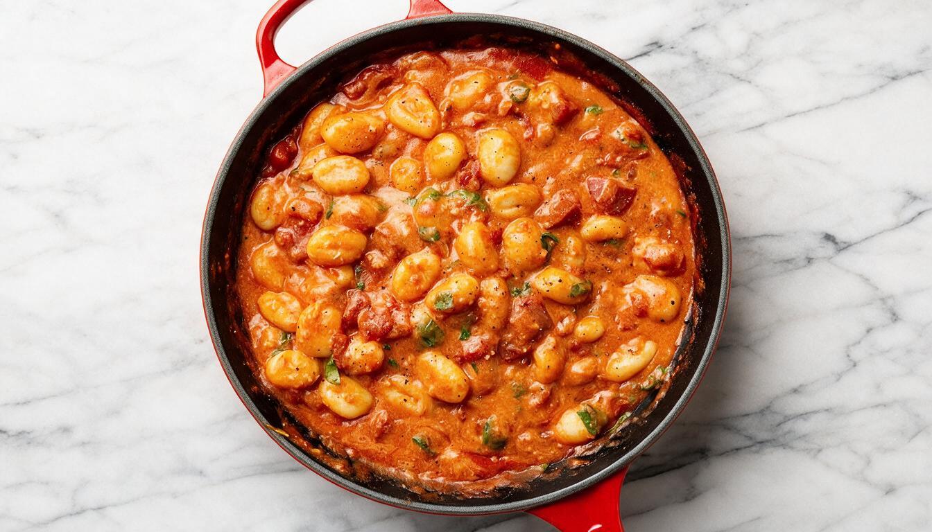 A pan of pasta mixed with beans rests on a marble countertop, emphasizing a nutritious and appetizing meal.