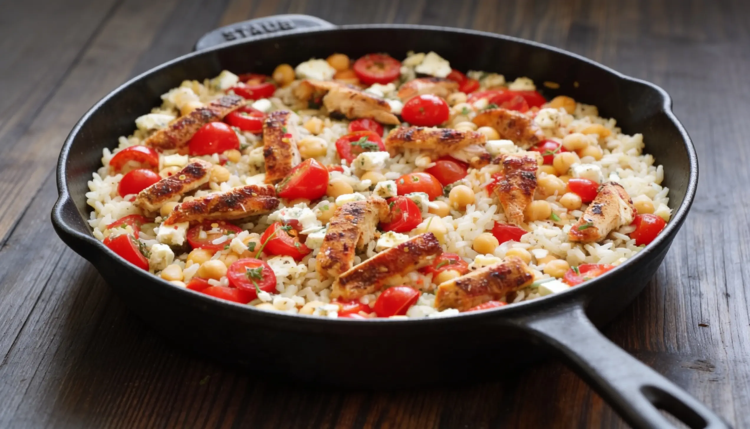 Cast iron skillet filled with rice, chickpeas, tomatoes, feta cheese, and grilled chicken strips.