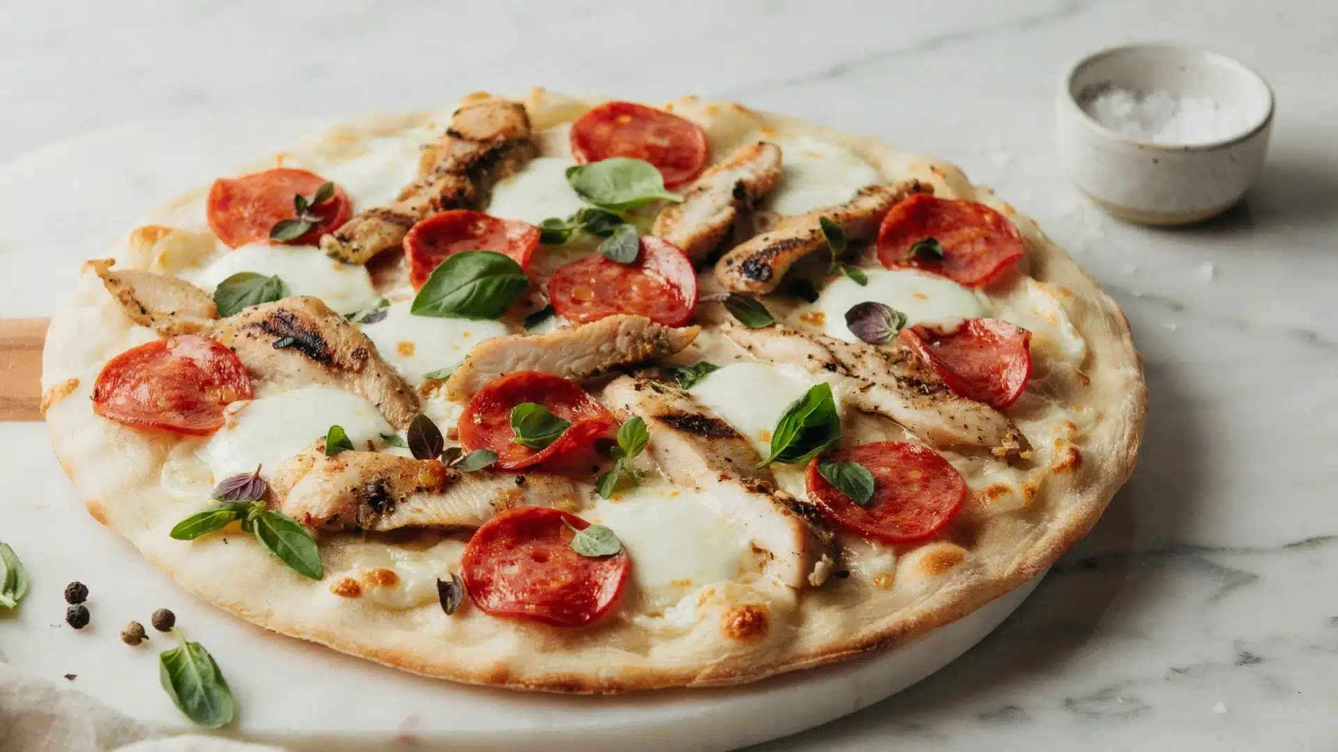 A savory pizza adorned with tender chicken, juicy tomatoes, and aromatic basil on a baked crust.