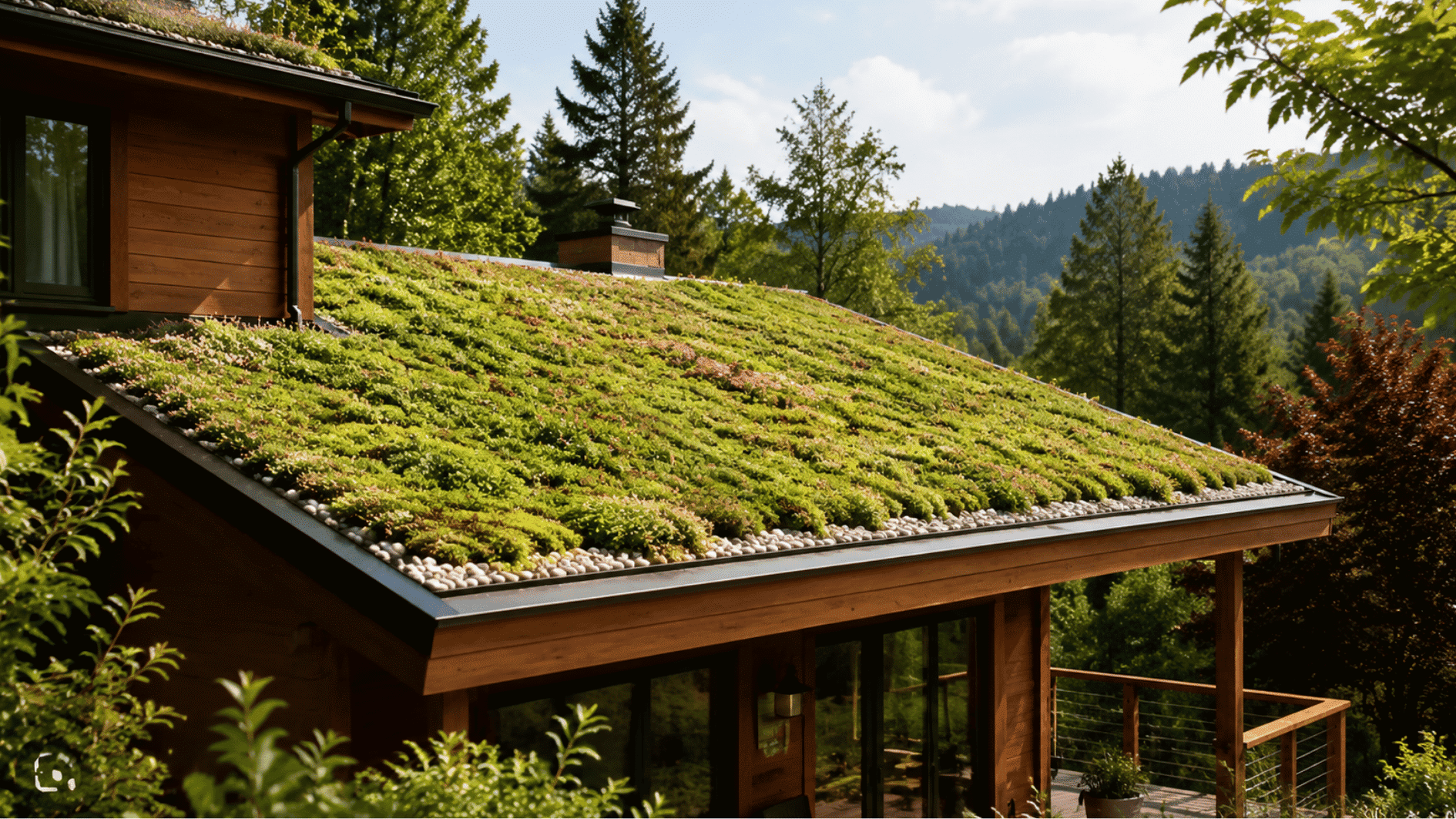 residential green roof covered with low growing plants above a porch beside a gray sided home