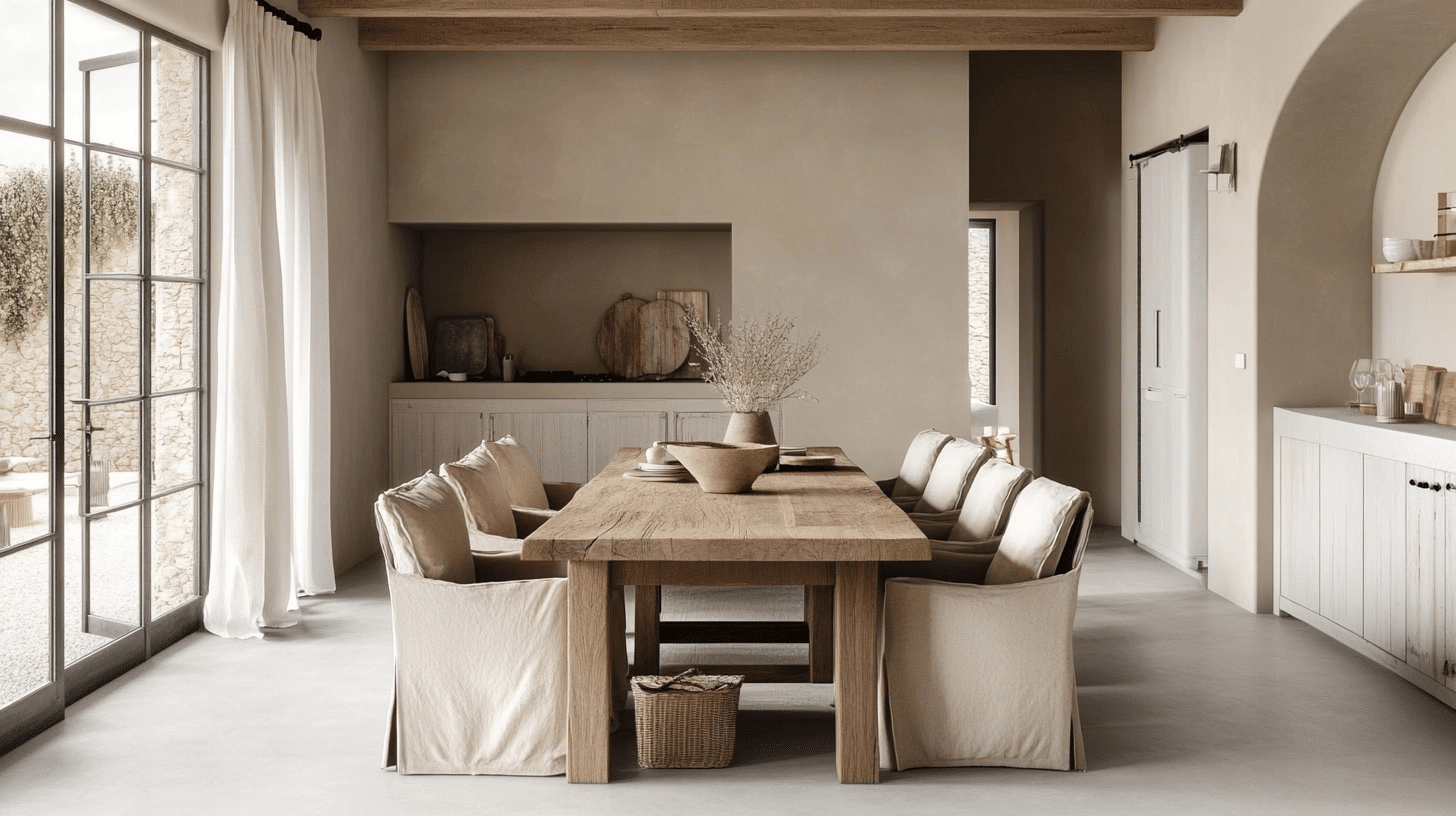 modern dining room with greige walls, wood table, neutral chairs, and soft natural light throughout